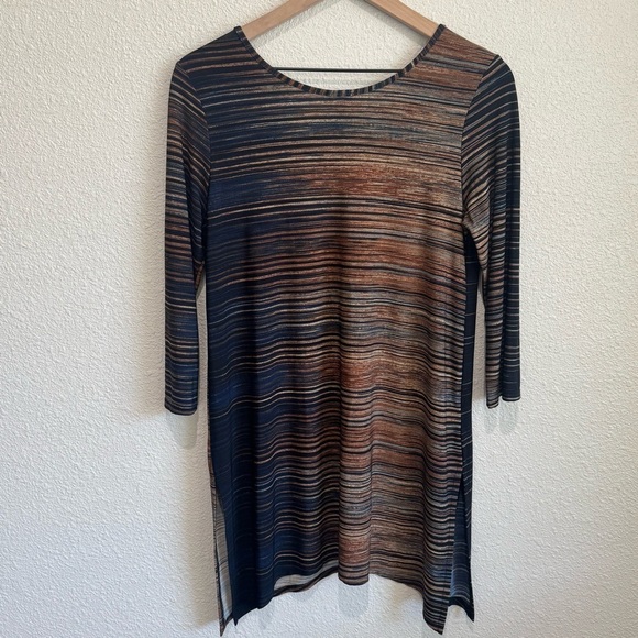 Ciara Sun Woo Womens Small Striped Two Toned Blue Tan Artsy Tunic Top Longlined - Picture 6 of 6
